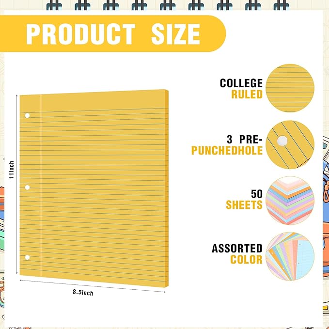 PerKoop 600 Sheets Colored Loose Leaf Paper 8.5" x 11" college ruled Lined 3 Hole Punched notebook Filler Paper for 3 Ring Binders Office School Supplies (Many Color)-DeskLoop Office