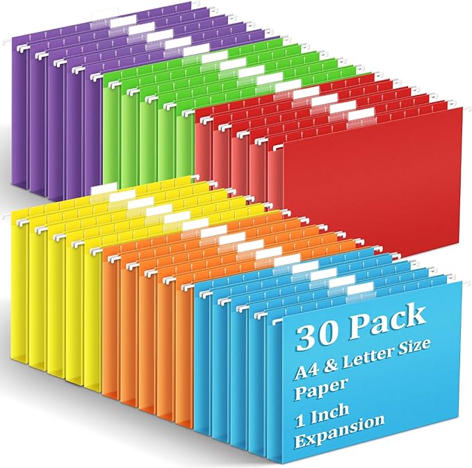 30 Pack Hanging File Folders Letter Size, Assorted Hanging Folders with 1/5-Cut Adjustable Tab, 1 Inch Expansion, Extra Capacity Hanging File Folders, Perfect Office, Home, Classroom Supplies-DeskLoop Office