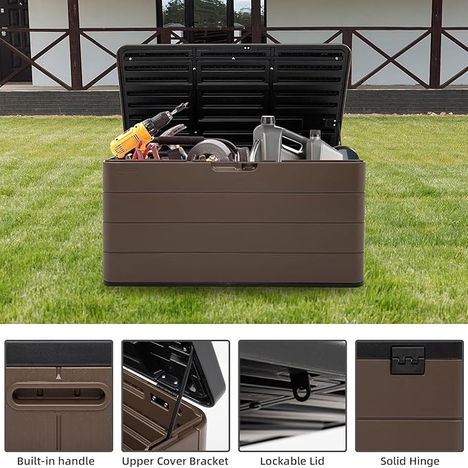 100 Gallon Plus Resin Deck Box, Waterproof Outdoor Storage Bin for Patio Furniture, Pool Accessories, and Garden Tools, Lockable & UV-Resistant, Brown-DeskLoop Office