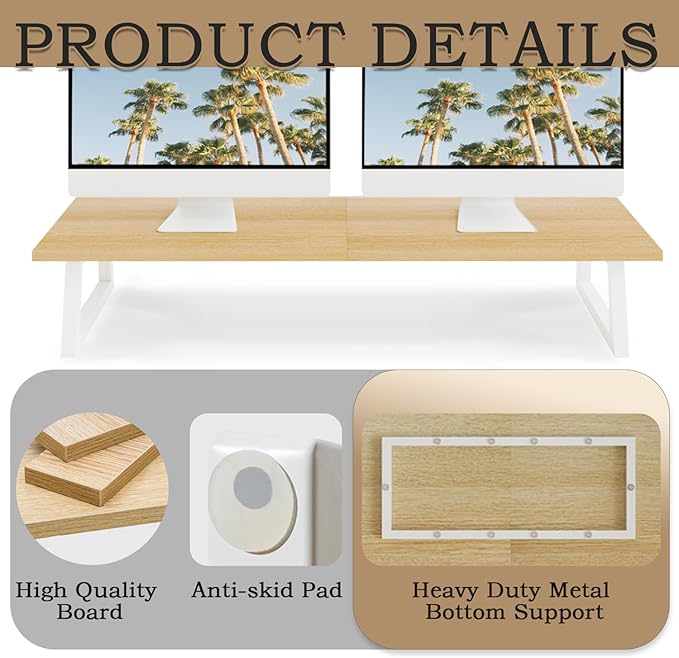 TEAMIX 31.5 inch Dual Monitor Riser - Wide TV Stand for 2 Monitors - Wood & Steel Desktop Riser for Dual Screen Office Desk Organization-DeskLoop Office