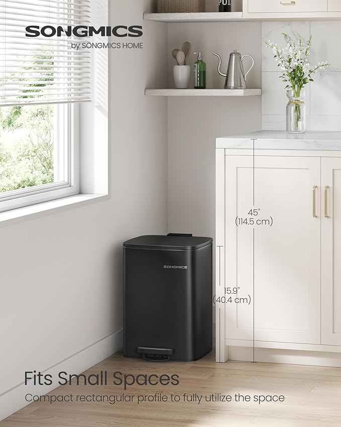 SONGMICS Kitchen Trash Can, 5.2-Gallon (20 L) Trash Bin, Stainless Steel Garbage Can, with Inner Bucket, Soft Close and Stays Open, Ink Black ULTB592B01-DeskLoop Office