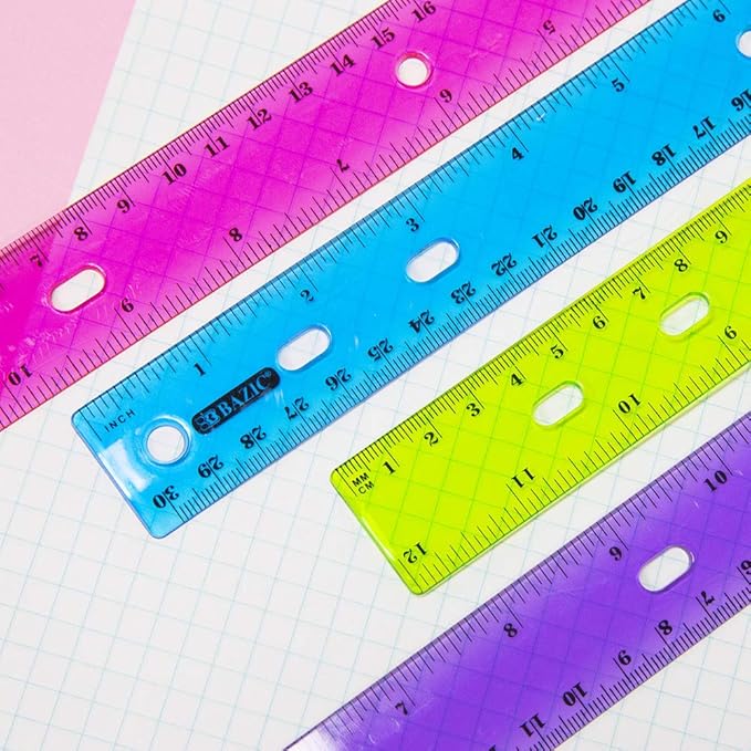 BAZIC Jeweltones Color Plastic Ruler 12" (30cm), Inches Centimeter Metric Measuring Drafting Rulers, for Students School Supplies (4/Pack), 1-Pack-DeskLoop Office