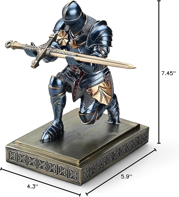 Medieval Armored Warrior Knight Pen Holder Desk Organizers and Accessories Resin Pencil Holder Paperweight as Gift with a Cool Letter Opener for Desk (Blue)-DeskLoop Office