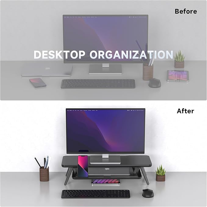 Fenge Monitor Stand, Monitor Stands Riser for Desk, 23.6 Inch Wood Desk Shelf with Storage Organizer and Cable Management for Office Desk Accessories-DeskLoop Office
