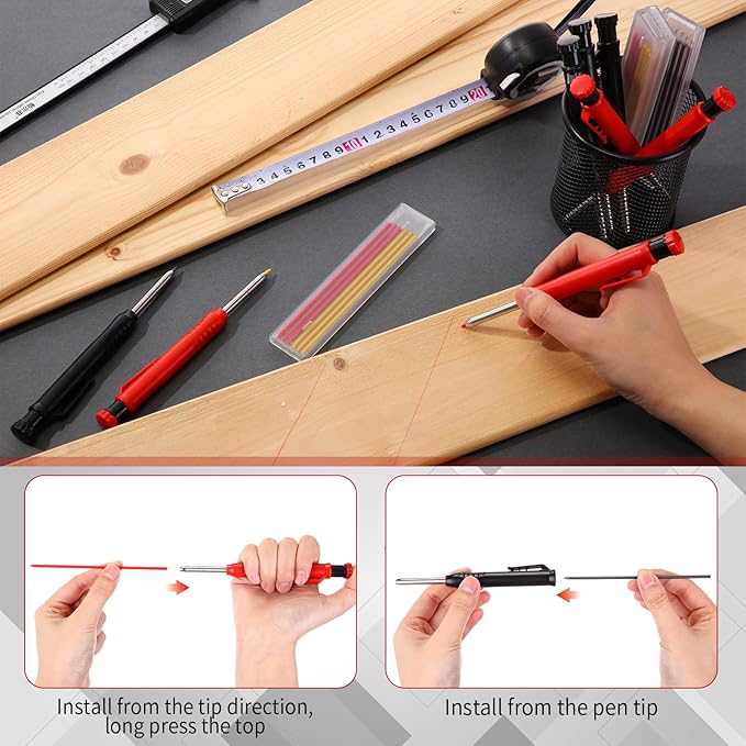 8 pack 2.8mm Mechanical Carpenter Pencils with 48 Refills, Construction Pencils with Built-in Sharpener, Long Nib Deep Hole Marker, Heavy Duty Woodworking Tools (Black+red)-DeskLoop Office