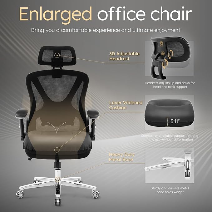 750lbs Big and Tall Office Chair- Heavy Duty Executive Chair with 5D Flip Arms and Adjustable Lumbar Support, Ergonomic Mesh High Back Desk Chair, Ergonomic Executive Home Office Computer Chair-DeskLoop Office