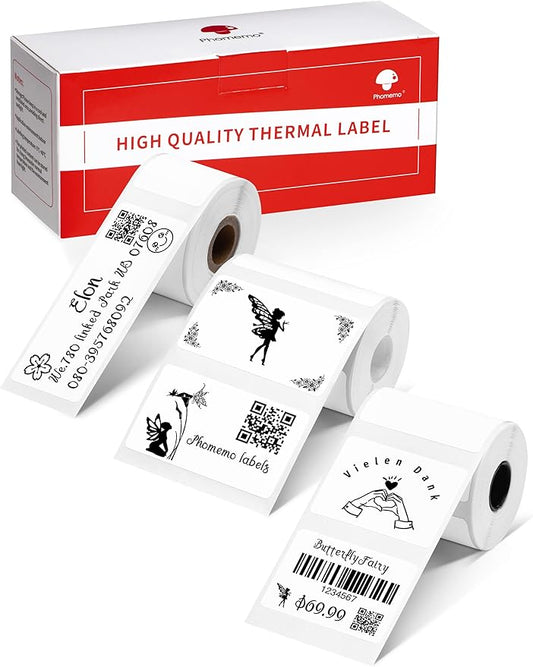 Phomemo Labels Set, M220 M110 M108 M250 M260 M150 M221 M120 M200 Label Maker Tape,Black on White Thermal Paper Self-Adhesive Stickers, Include 1.57'' x 1.18'',1.96'' x 1.18'',1" x 2-5/8"-DeskLoop Office