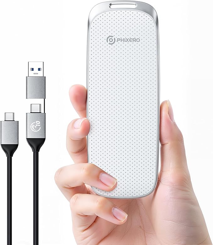 PHIXERO P10PRO External NVMe SSD 1TB, Up to 1050MB/s, USB 3.2 Gen2, Includes 2-in-1 USB C Cable, Portable Hard Drive for iPhone 15+/Android/Windows/Mac, White-DeskLoop Office