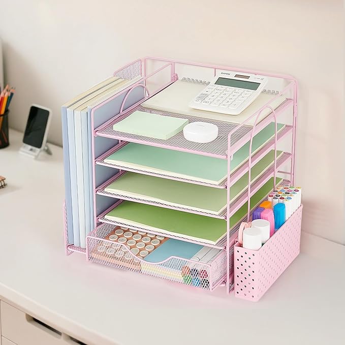 Desk Organizer with Drawer and Pen Holder, 5-Tier Paper Letter Tray Organizer with File Holder, Suitable for Workspace Organizer Office Supplies Storage (Pink)-DeskLoop Office