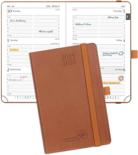 POPRUN Pocket Planner 2025-2026 (Purse Size 4'' x 6.25'') Academic Small Calendar (July 2025 - June 2026) with Hourly Time Slots, 100GSM Thick Papers, Leather Soft Cover - Brown-DeskLoop Office
