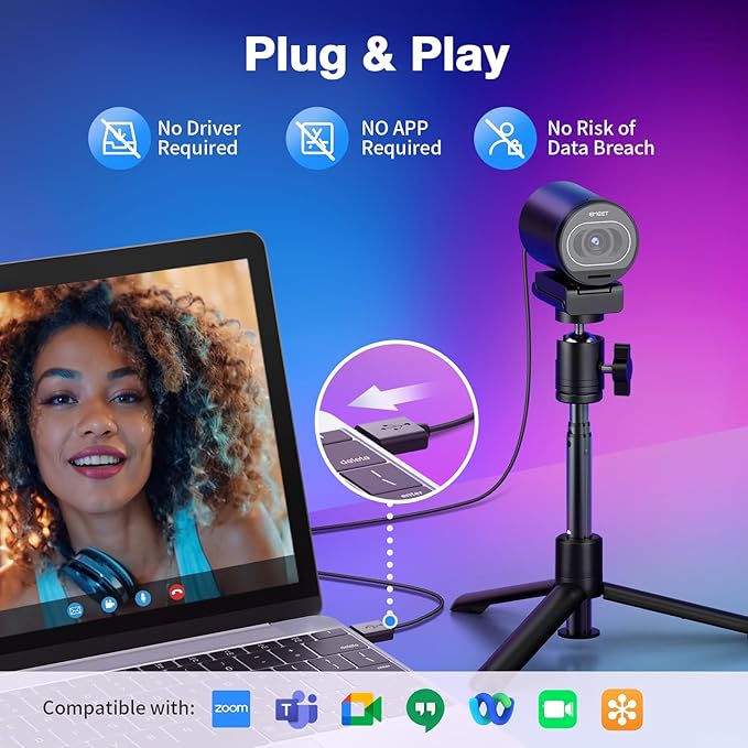 EMEET S600 4K Webcam with Tripod for Streaming - Sony 1/2.5'' Sensor, PDAF Autofocus, 1080P@60FPS, 2 Noise Reduction Mics, Built-in Privacy Cover, 73° FOV, Streaming Webcam for Product/Game/Beauty-DeskLoop Office