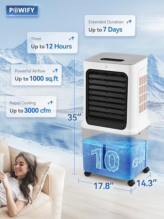 10 Gal Evaporative Air Cooler, 3000CFM Quiet Portable Air Conditioners, 35" Fast Cooling Swamp Cooler, 120° Oscillation, 12H Timer, 3 Speeds & Modes Remote Control for Living Room|Bedroom|Garage-DeskLoop Office