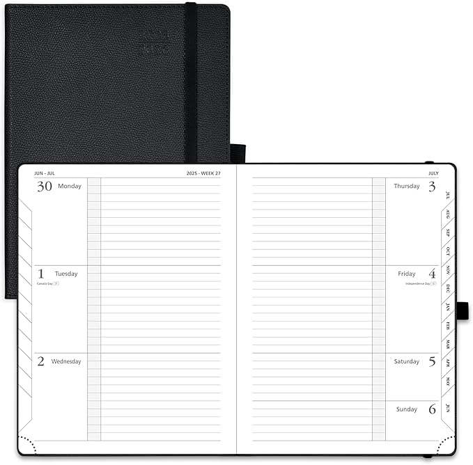 POPRUN Planner 2025-2026 (Medium 6.75''x 8.75''), Horizontal Weekly Notebook Jul.2025 - Jun.2026, Academic Appointment Book with Monthly Tabs, Leather Hardcover, Inner Pocket, 100 GSM - Black-DeskLoop Office