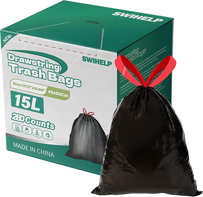 SWIHELP Drawstring Trash Bags 280 Counts 4 Gallon Garbage Bags 15 Liters Plastic Trash Can Liners Waste Basket Bin Liners-DeskLoop Office