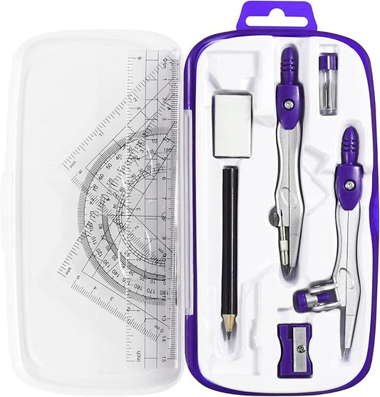 Math Geometry Kit Sets 10 Piece Student Supplies with Shatterproof Storage Box,Includes Rulers,Protractor,Compass,Eraser,Pencil Sharpener,Lead Refills,Pencil,for Drafting and Drawings(Purple)-DeskLoop Office