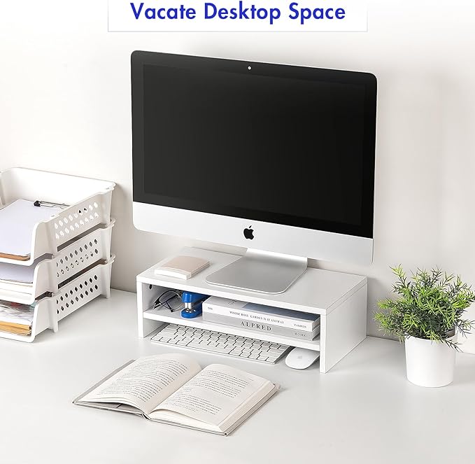 BEYGORM White Monitor Stand Riser for Desk,2 Tiers Wood Desk Shelf Computer Screen Stand with Storage for Desktop Laptop/Screen/TV/PC/Printer,Multifunctional Desktop Organizer 16.5 x 7.8 x 5.2 inch-DeskLoop Office