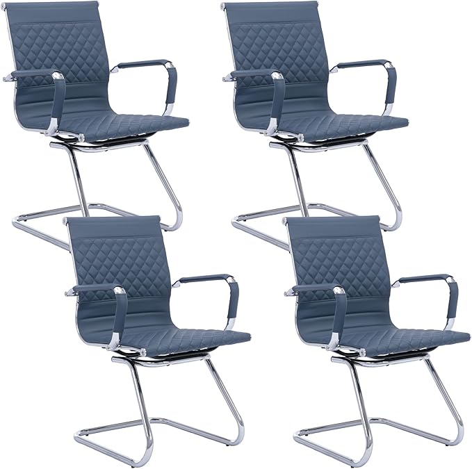 Office Guest Chairs Reception Chairs Waiting Room Chairs Set of 4 Conference Room Chair with Mid Back, Modern PU Leather Desk Chairs, Navy-DeskLoop Office