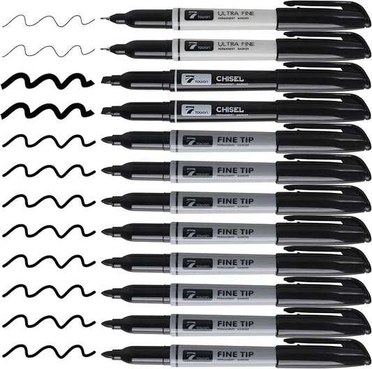 12 Black Permanent Markers with Bag - Waterproof Quick Drying Pens Set 8 Fine Tip, 2 Ultra Fine, 2 Chisel Tip Office Home School Supplies for Adults Writing Doodling Marking-DeskLoop Office