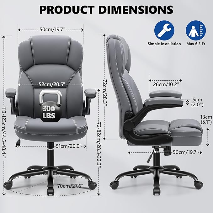 PU Leather Executive Office Chair, Ergonomic High-Back Computer & Gaming Chair with Adjustable Height, Rolling Swivel & Flip-Up Armrests, Comfy Padded Seat for Home Office-Gray-DeskLoop Office