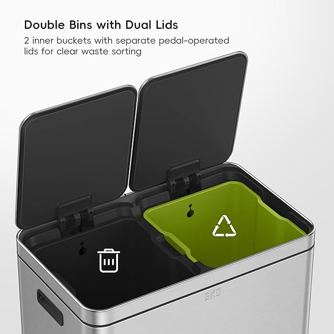 EKO Edison Dual Trash Can for Recycling and Trash, 8+8 Gallons Kitchen Garbage Can with Dual Removable Inner Liners, Independent Lids and Pedals, Matte Stainless Steel-DeskLoop Office