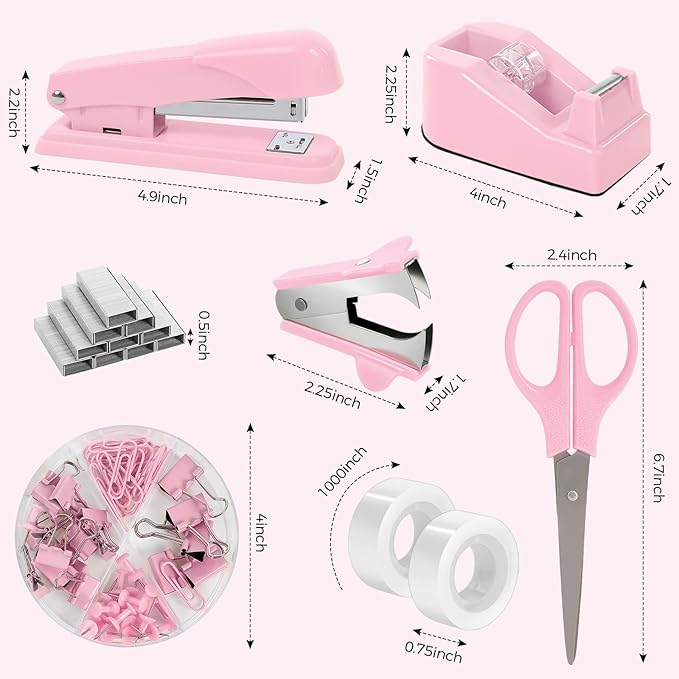 SKYDUE Pink Office Desk Accessories, Pink Office Supplies, Stapler, Tape Dispenser, Scissors, Clips and 1000pcs Staples,Office Supplies for Desk for Women-DeskLoop Office