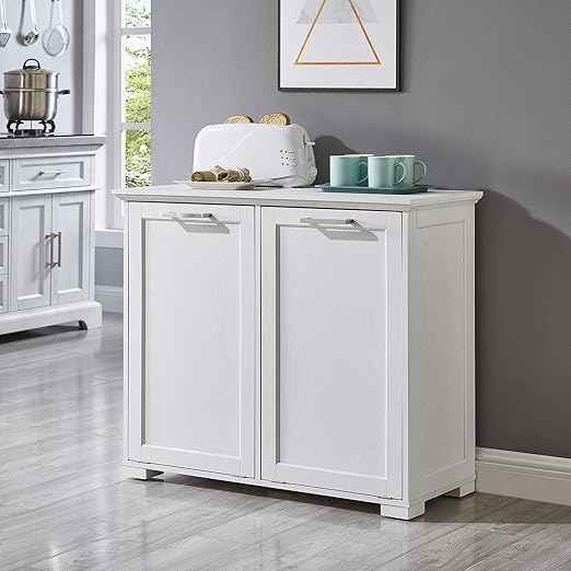 OLD CAPTAIN Double Tilt Out Trash Cabinet, Wooden Kitchen Garbage Can Free Standing Holder (White)…-DeskLoop Office