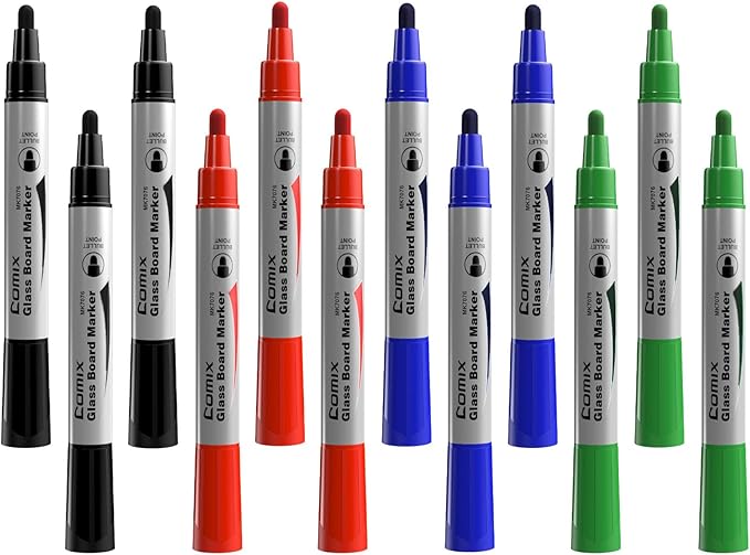 Comix Glass Board Dry Erase Markers, Low Odor Whiteboard Markers, Bullet Tip, 4 Assorted Colors, 12 Pack-DeskLoop Office