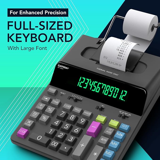 CATIGA 12 Digit Thermal Printing Calculator with Tape Print Out, Ink-Free Adding Machine, 5X Faster Quite at 8.0 LPS, Extra Large Fluorescent Display, Tax Calculation with Clock and Calendar, SP-2401-DeskLoop Office