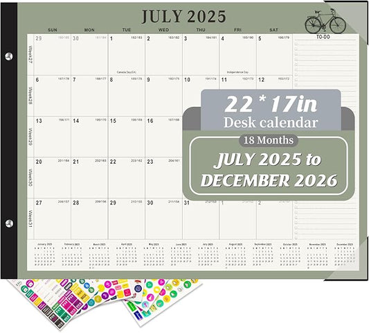 Gannyfer Desk Calendar 2025-2026, Large 18 Monthly Calendar 2025 22" x 17", July 2025 - Dec 2026, Academic Desktop Pad Calendar with To-Do List and Notes, Plastic Cover, Thick Paper, for Planning and Organizing(6 Stickers)-DeskLoop Office