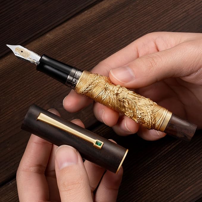 Hongdian N24 Fountain Pen Extra Fine Nib, Golden Dragon Stereoscopic Carving with Red Wood Design-DeskLoop Office