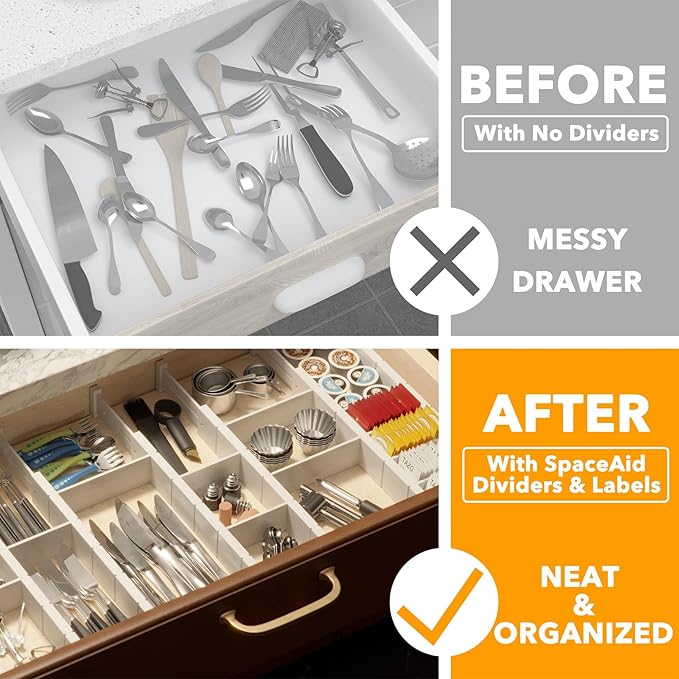 SpaceAid Bamboo Drawer Dividers with Inserts and Labels, Kitchen Adjustable Drawer Organizers, Expandable Organization for Home, Office, Dressers, 10 Dividers with 24 Inserts (17"-22" White)-DeskLoop Office