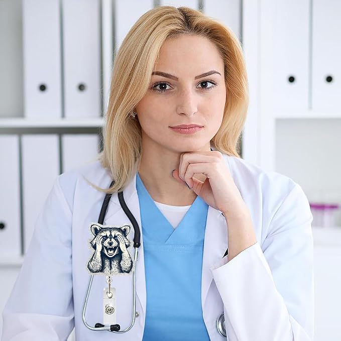 Cute Raccoon Retractable Reel Badge ID Card Clip Acrylic Badge Holder with 360°Rotation Rotundity Metal Alligator Clip Designs Nursing Name Tag for Nurse Doctor Office Worker Accessories-DeskLoop Office