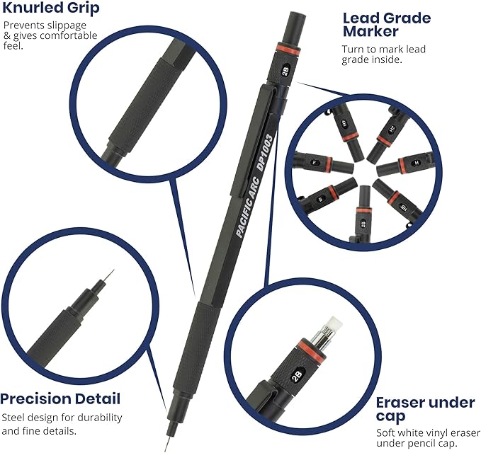 Pacific Arc Chromagraph Metal Mechanical Pencil .3 mm Black Barrel Mechanical Pencil with Built In Lead Pencil Grade Indicator, Lead Pencil Holder for Drafting, Sketching, and Drawing-DeskLoop Office