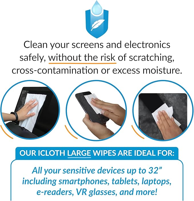 iCloth Large Screen Cleaning Wipes for Electronics, Lint-Free and Streak-Free, Fast-Drying, Removes Dust, Fingerprints, and Smudges (24 Wipes)-DeskLoop Office