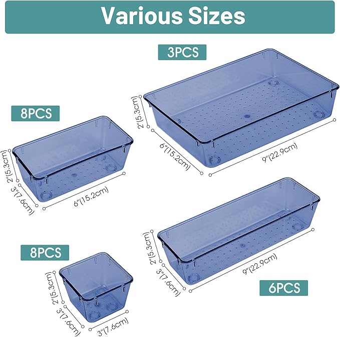 WOWBOX 25 PCS Plastic Drawer Organizer Set, 4 Sizes Desk Drawer Divider Organizers and Storage Bins for Makeup, Jewelry, Gadgets for Kitchen, Bedroom, Bathroom, Office, Clear Dark Blue-DeskLoop Office