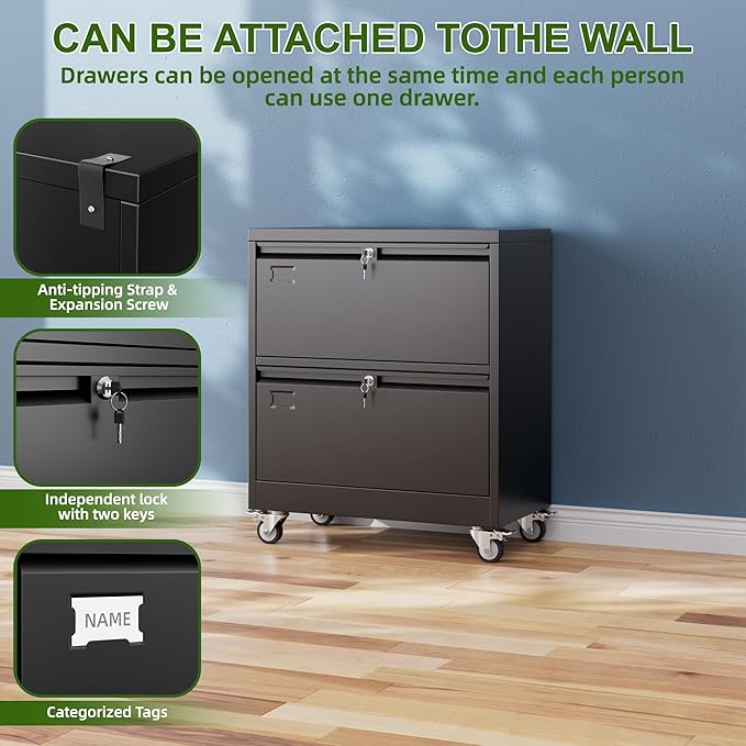 Aobabo 2 Drawer Wide File Cabinet with Wheels, Lockable Metal Filing Cabinet for Home Office, Legal/Letter Size,Black,Required Assembled,15.87" D x 28.94" W x 34" H-DeskLoop Office