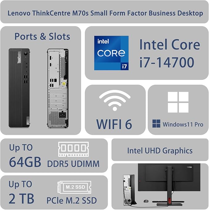 Lenovo ThinkCentre M70s Small Form Factor Business Desktop, Intel 20-Core i7-14700, 64GB DDR5, 2TB SSD, HDMI, DP, Wi-Fi 6, Wired KB & Mouse, Win 11 Pro, Bundle with ADATA UC310 64GB USB Flash Drive-DeskLoop Office
