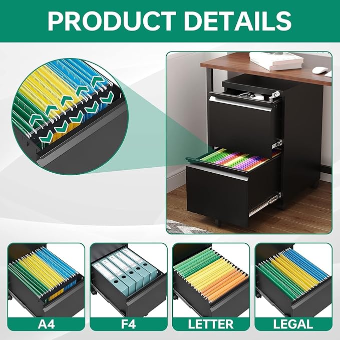 Letaya 2 Drawer Mobile File Cabinet with Lock, Under Desk Metal Rolling Filing Cabinets for Home Office Organizer Letters/Legal/A4 (Black- Requires Installation)-DeskLoop Office