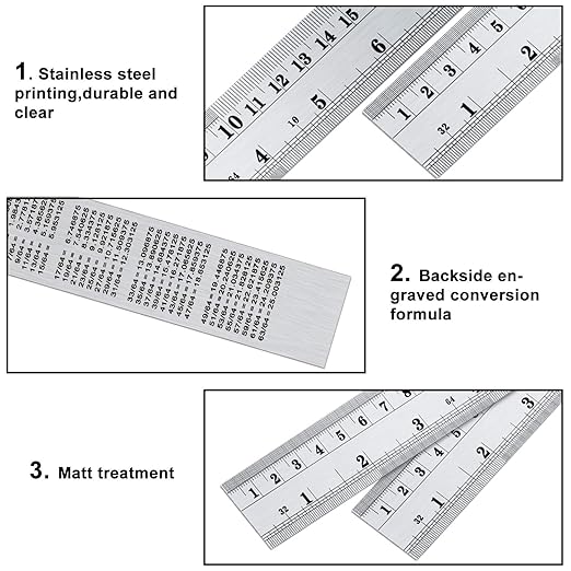 EBOOT Stainless 2 Pack Steel Ruler 12 Inch Metal Rule Kit with Conversion Table-DeskLoop Office