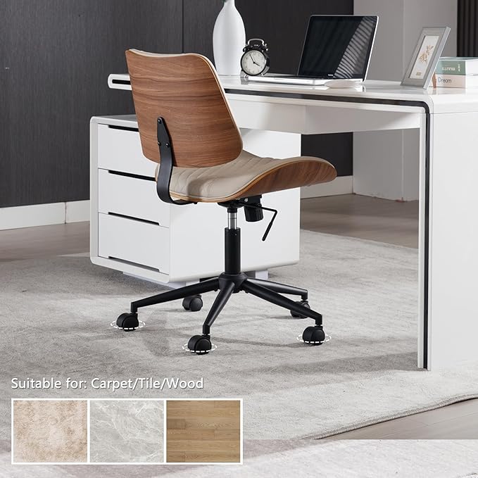 Home Office Chair No Arms with Wheels, Adjustable Height Small Desk Chair, PU Leather Mid Back 360 Swivel Computer Chair, Armless Modern Walnut Chair for Office, Reading Meeting Room(Beige)-DeskLoop Office