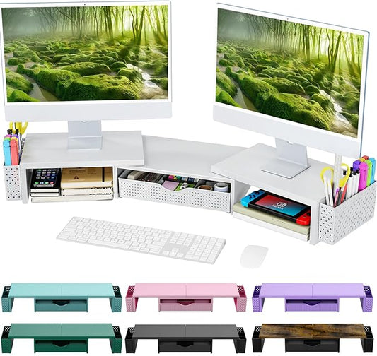 Spacrea Metal Desk Organizers and Accessories, Dual Monitor Stand Riser with Drawer and 2 Pen Holders, Desk Accessories & Workspace Desktop Organizers for Office Supplies (White)-DeskLoop Office