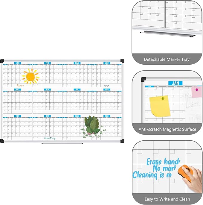 XBoard Magnetic Calendar Whiteboard 48" x 36", 12 Months Calendar Dry Erase Board, Silver Aluminium Framed White Board Planner for Home School Office Organization-DeskLoop Office