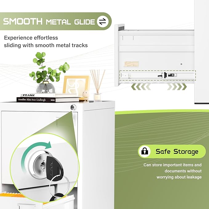 Crownland Lateral File Cabinet with 4 Drawers, 15" W Metal Lockable Office File Cabinets for Home Office- Stores Letter/Legal/A4/F4 Files(White)-DeskLoop Office