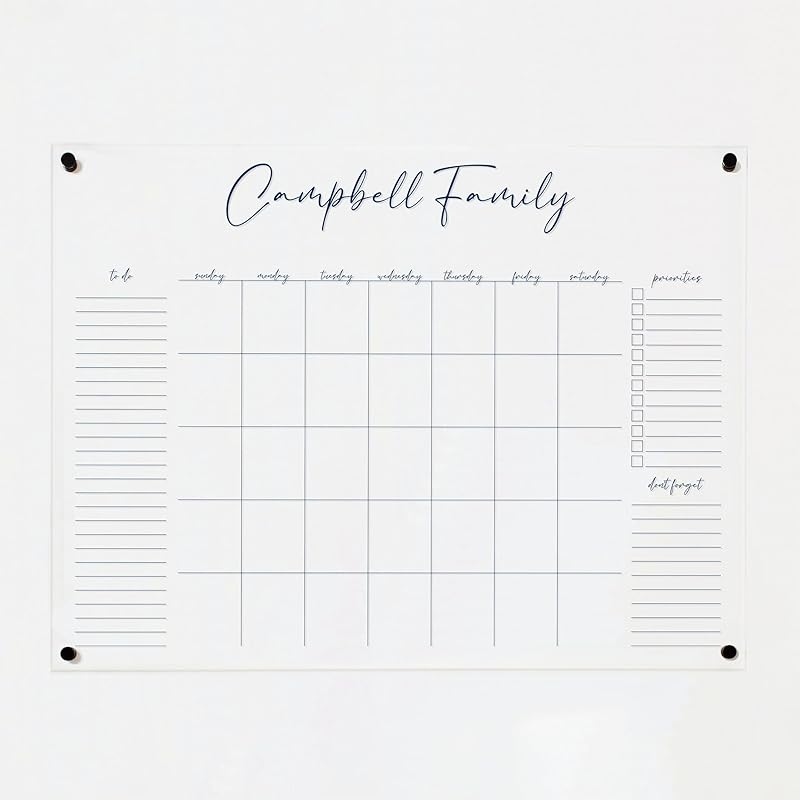 Personalized Clear Acrylic Calendar for Wall, Calendar Whiteboard for Wall, Dry Erase Wall Calendar, Wall Calendar Organizer System for Home (Cursive, Navy, 47.5"W x 36"H)-DeskLoop Office