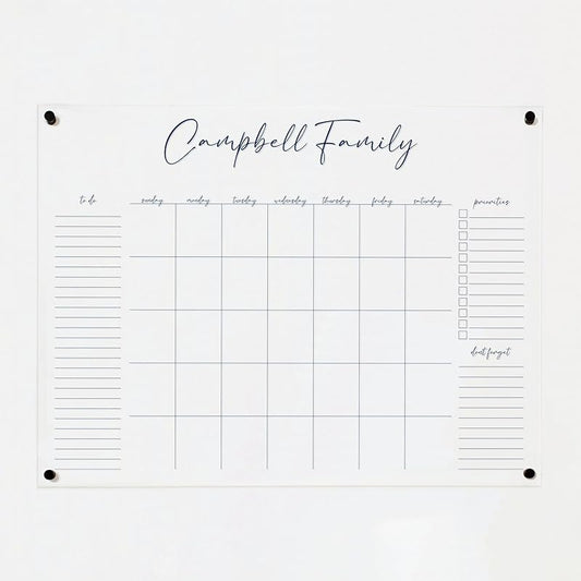 Personalized Clear Acrylic Calendar for Wall, Calendar Whiteboard for Wall, Dry Erase Wall Calendar, Wall Calendar Organizer System for Home (Cursive, Navy, 47.5"W x 36"H)-DeskLoop Office