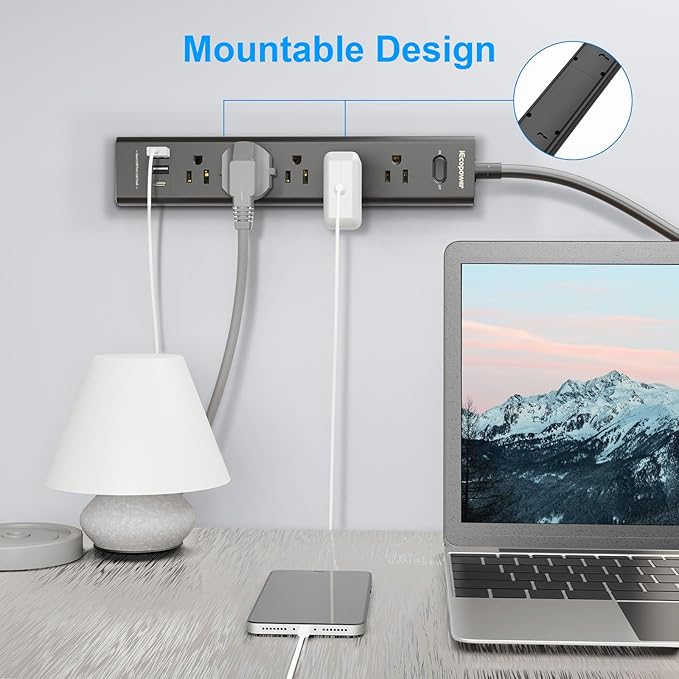 2 Pack Power Strip Surge Protector-5 Widely Spaced Outlets 3 USB Ports(1 USB C Port),1250W/10A with 5Ft Extension Cord, Power Strips with Surge Protection, Wall Mount for Home Office,Black-DeskLoop Office