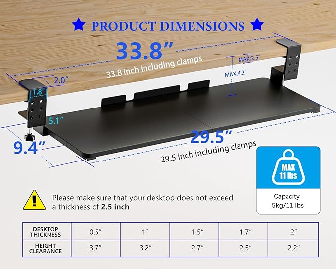 Large Keyboard Tray Under Desk, Adjustable Keyboard Tray with C-Clamp Hardware 29.5″ W x 9.5″ D Slide Out Computer Keyboard & Mouse Tray for Typing Home Office Black-DeskLoop Office