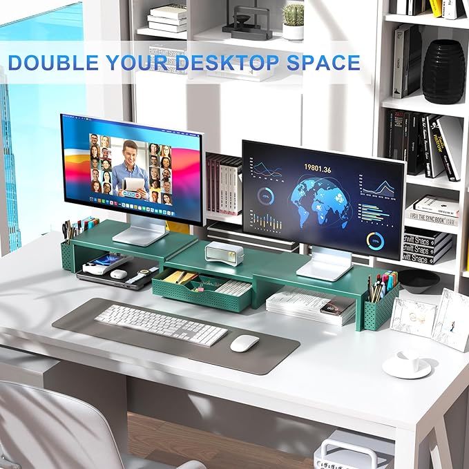 gianotter Dual Monitor Stand Riser, Desk Organizer With Drawer and 2 Pen Holders, Monitor Stand for Desk, Office Decor Essentials (Green)-DeskLoop Office