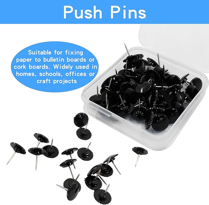 Piutouyar 50 Pcs Black Push Pins, Plastic Thumb Tacks for Wall Hanging, Flat Head and Steel Point Push Pins Wall Tacks Thumbtacks for Furniture Cork Board DIY Projects or Home Decor-DeskLoop Office