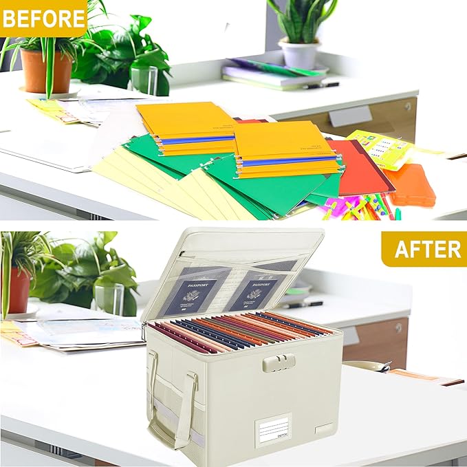 ENGPOW File Box with Lock, Fireproof Document Box with Zipper Lid, Collapsible File Storage Organizer Filing Cabinet with Handles, Portable Home Office Safe for Hanging Letter/Legal Folders, Beige-DeskLoop Office